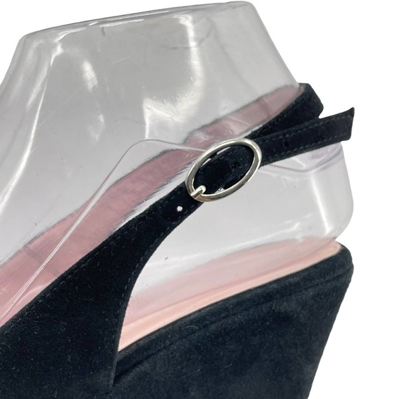 Vintage Davos Gomma Platform Wedge Heels Slingback Peep Toe Black Suede NEW 7.5 - Picture 8 of 11